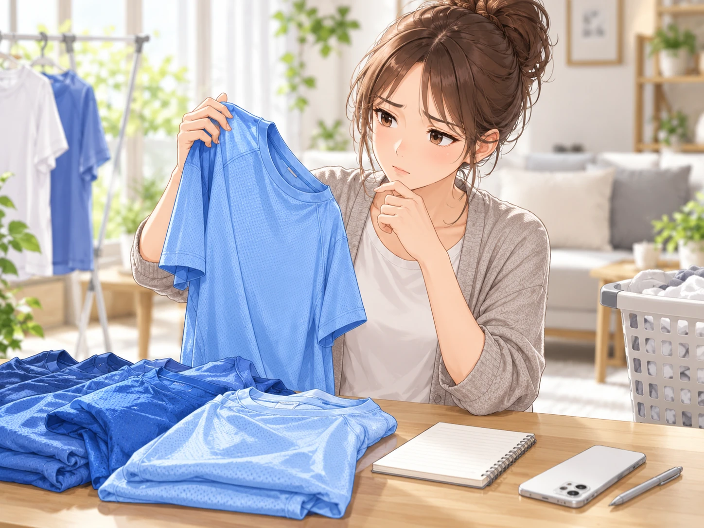 青いTシャツを前に複数の服の臭いを確かめようとする女性のイラスト