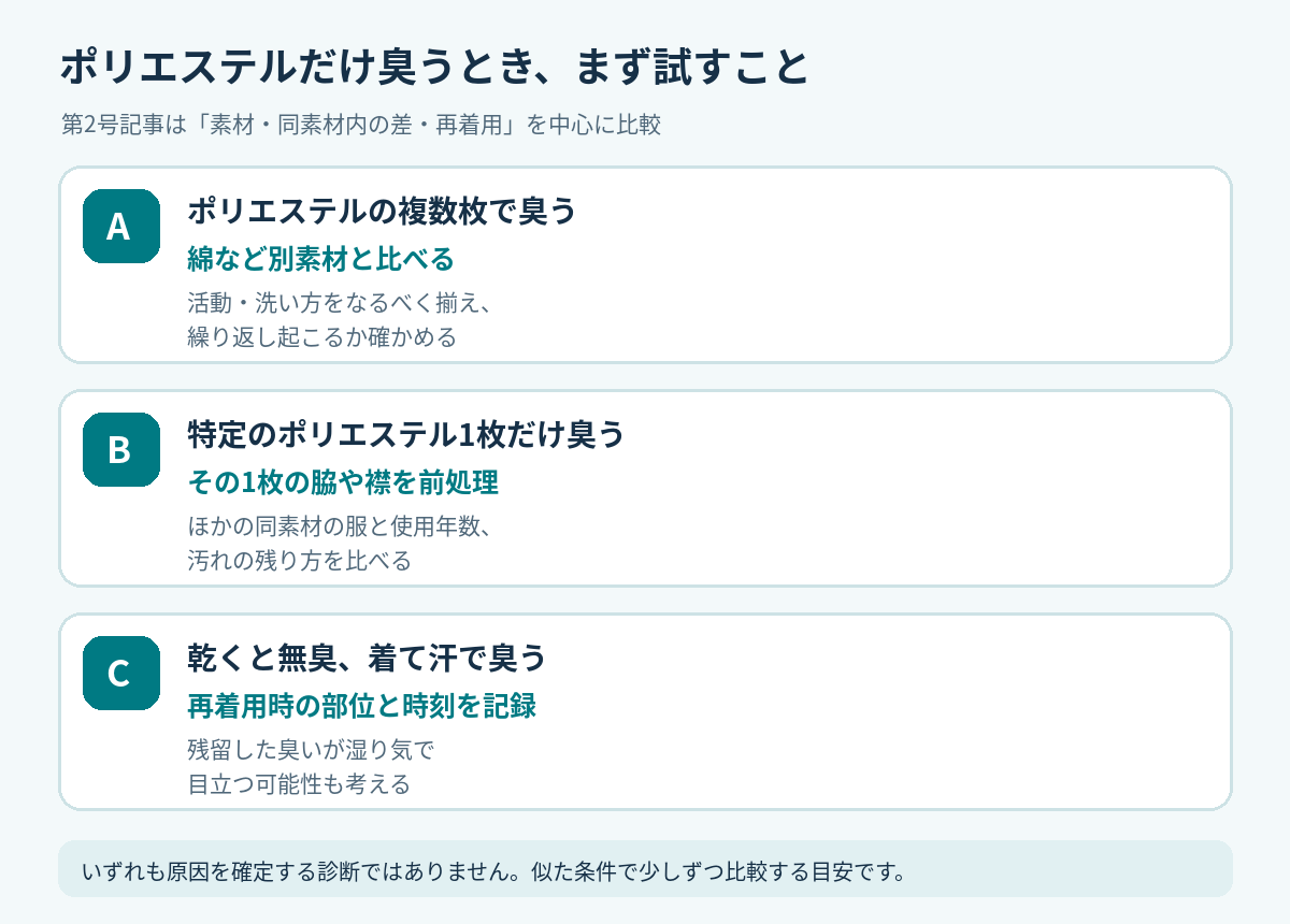 ポリエステルの複数枚が臭う場合、1枚だけ臭う場合、汗で臭いが戻る場合の3つの確認方法を整理した図解