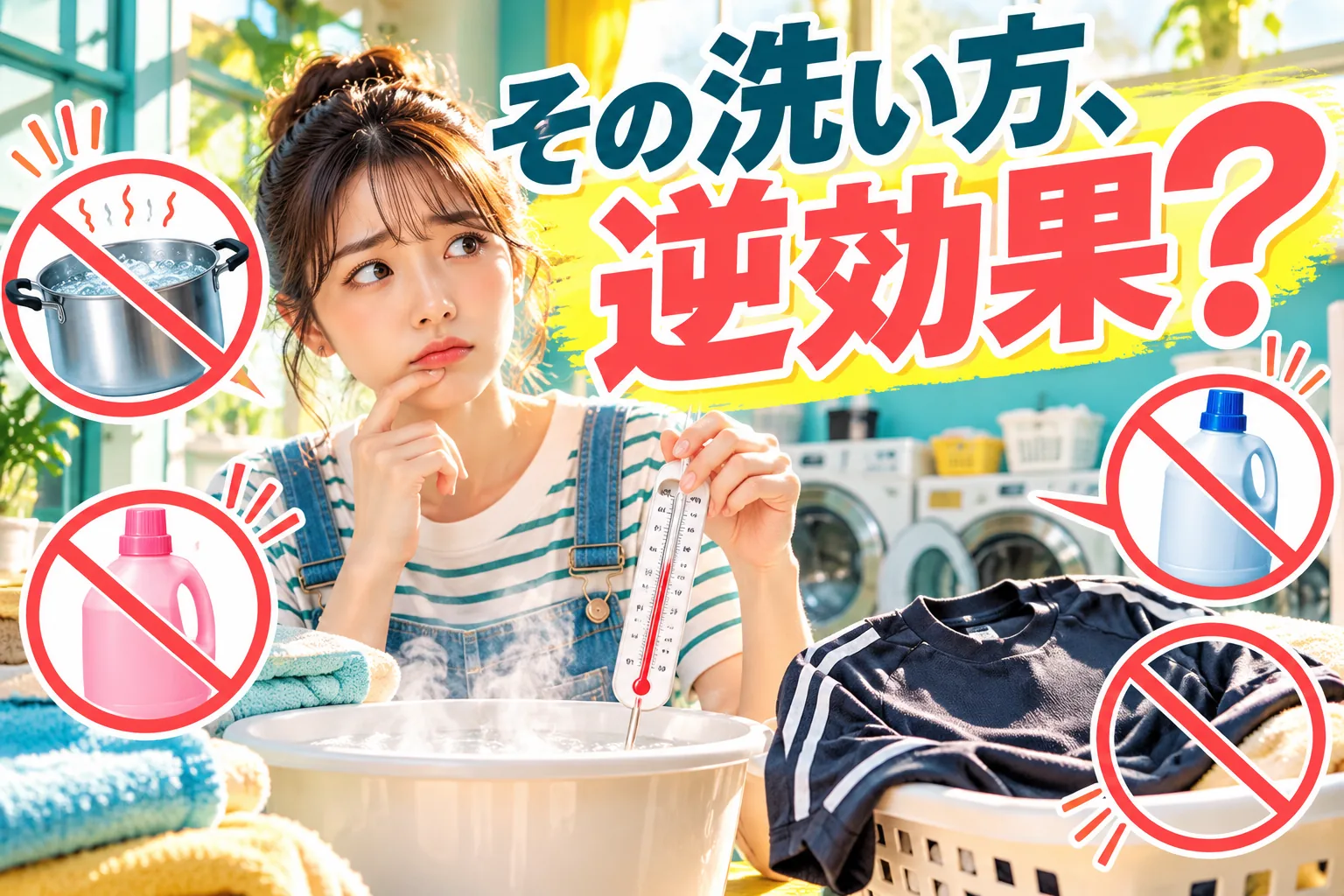 熱湯などの強すぎる処理を避け、洗濯表示に従ってにおい対策をするための注意喚起イメージ