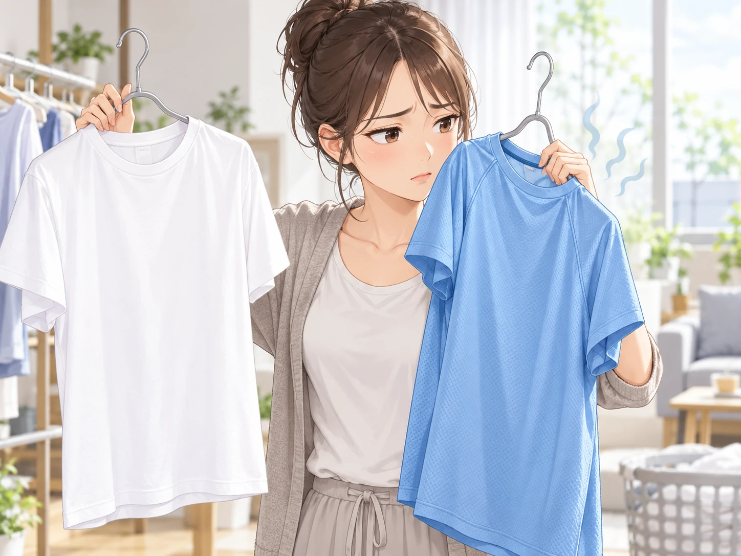 白いTシャツと青いシャツを手に持ち、青い服の臭いを気にする女性のイラスト