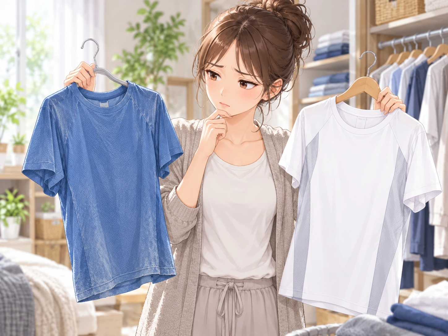 青いTシャツと白いTシャツを見比べ、買い替えを考える女性のイラスト