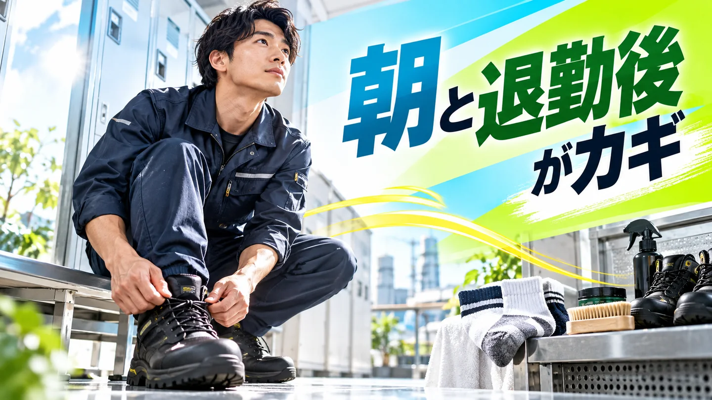 安全靴のひもを締める作業者と朝・退勤後の対策