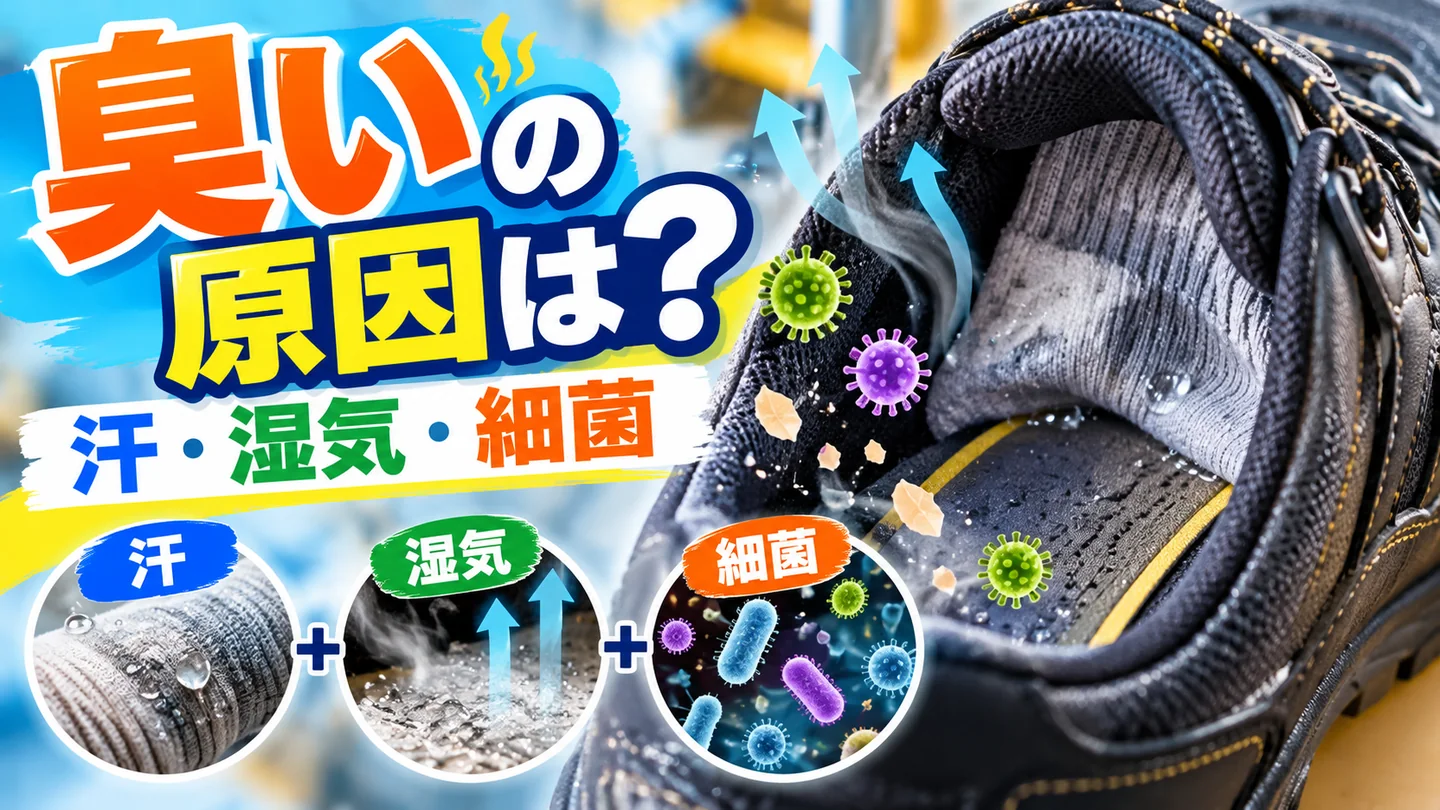 安全靴に汗と湿気がこもり細菌が臭いに関わる様子