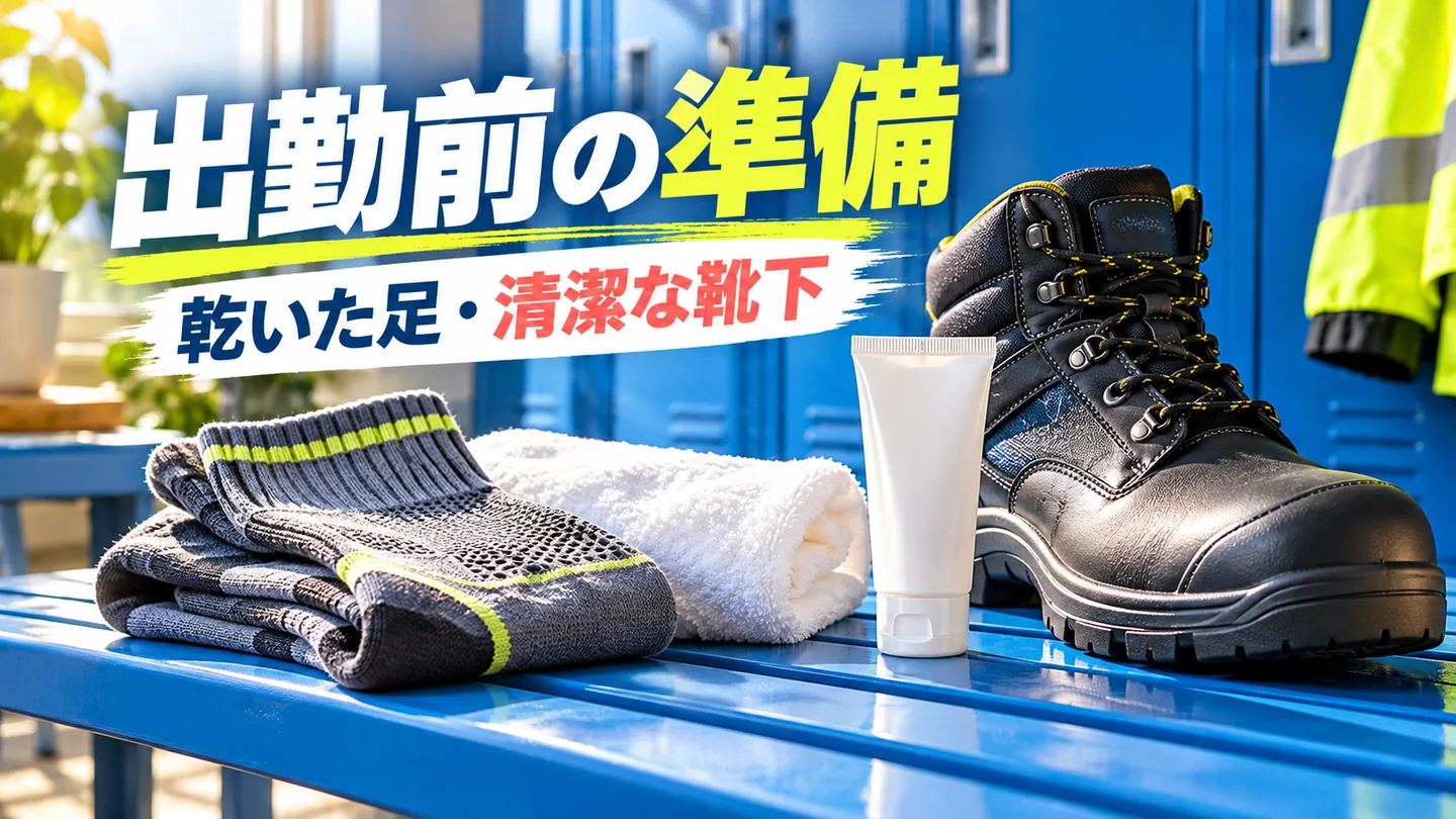 安全靴と乾いた靴下とタオルなど出勤前のケア用品