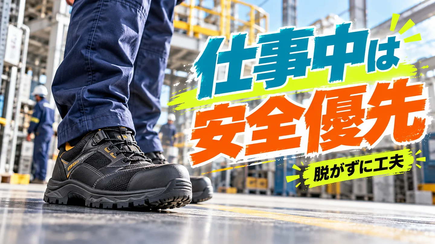 安全靴を着用して作業する現場の足元と安全優先のメッセージ