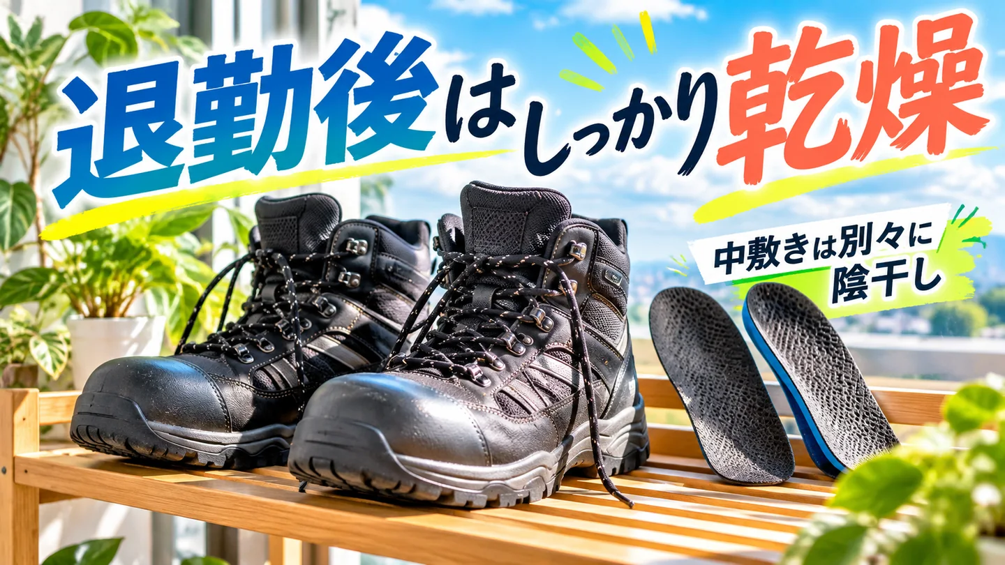 退勤後に安全靴と中敷きを別々に陰干しする様子