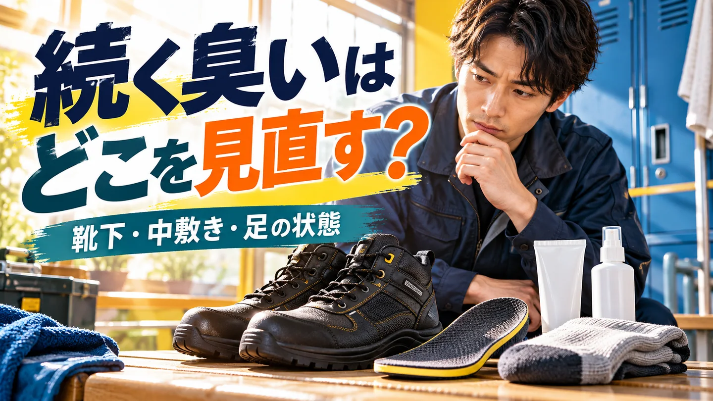安全靴と靴下と中敷きと足用ケア用品を見直す作業者
