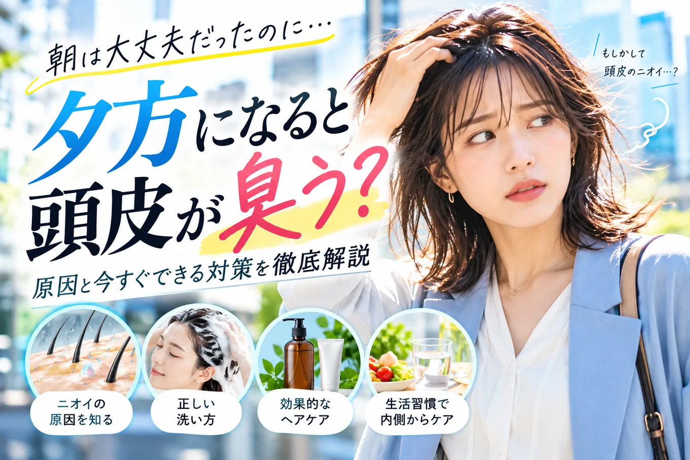 夕方の頭皮臭を気にして髪を確認する女性のイメージ