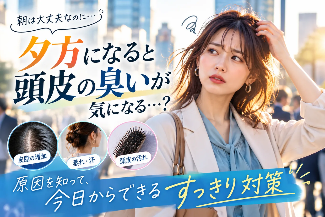 外出先で夕方の頭皮のにおいが気になる様子と対策のイメージ