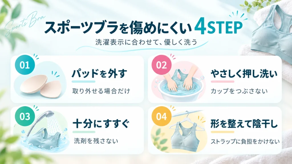 取り外せるパッドを外し、押し洗い、すすぎ、陰干しする4工程の図解