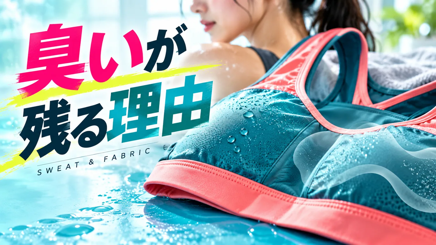 汗で湿ったスポーツブラの生地と臭いの原因を表現したイメージ