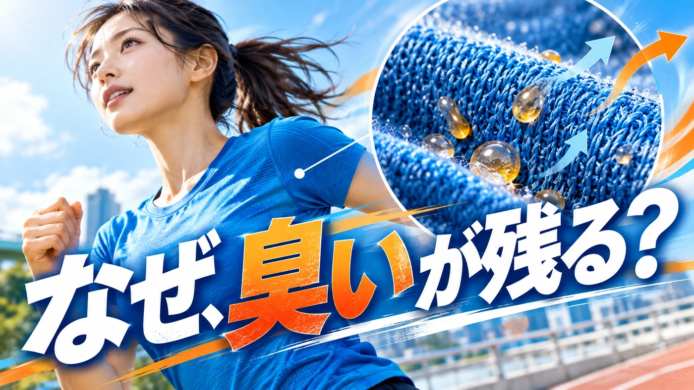 屋外を走る女性と、スポーツウェアの繊維に残る汚れを表す拡大イメージ