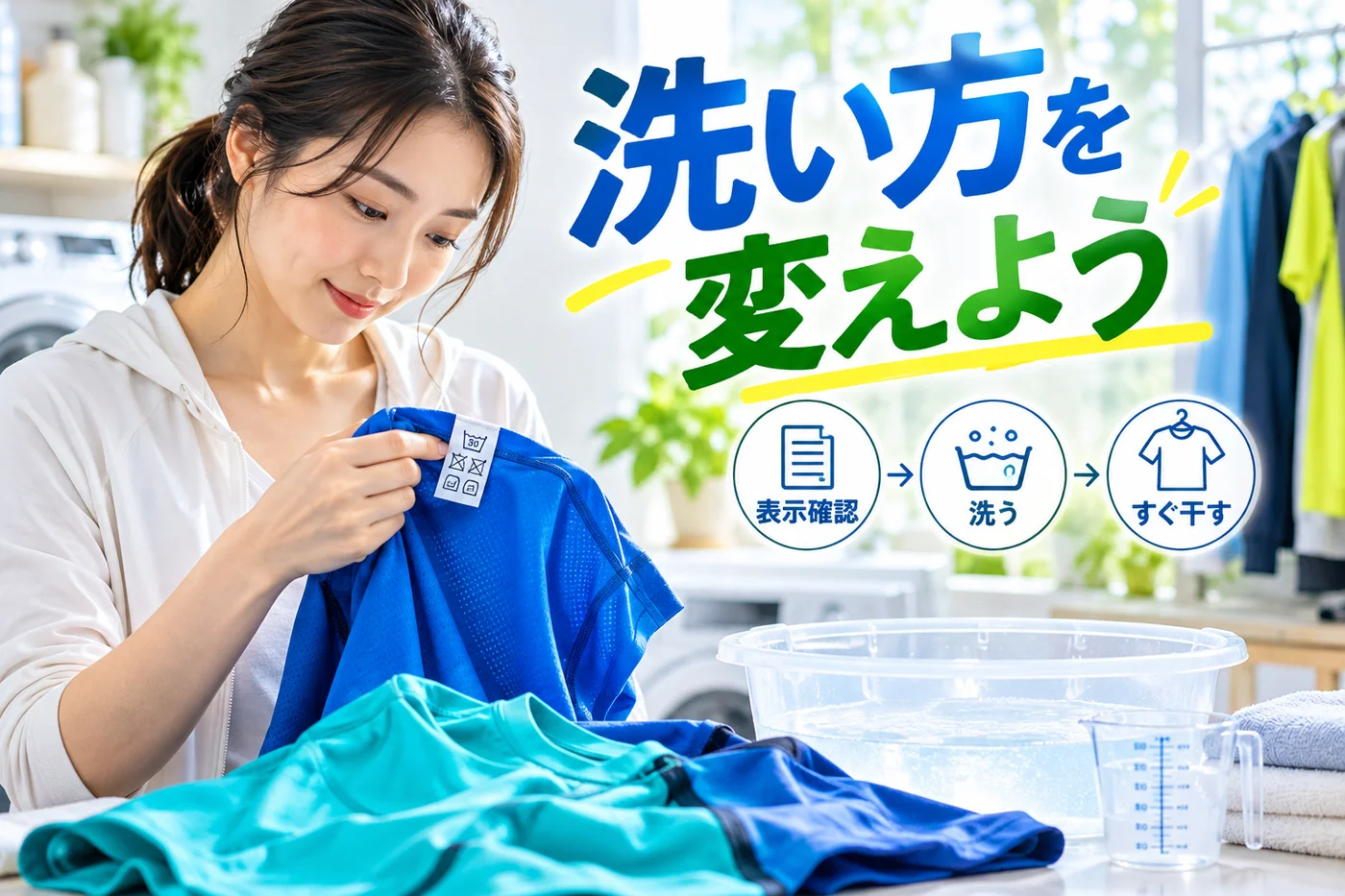 洗濯表示を確かめてからスポーツウェアを洗う手順のイメージ