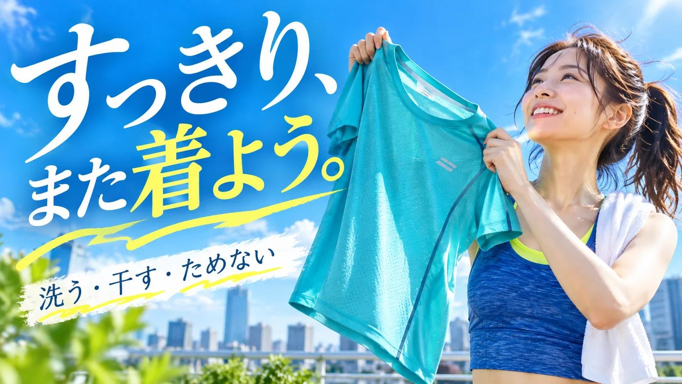 洗い上がったスポーツウェアを気持ちよく持ち上げる女性