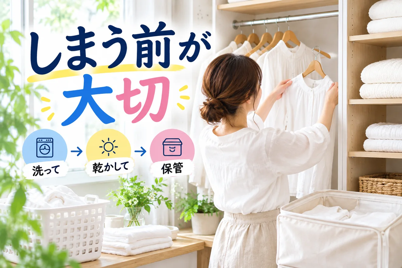 洗って乾かしてから白い服をクローゼットへ収納する様子