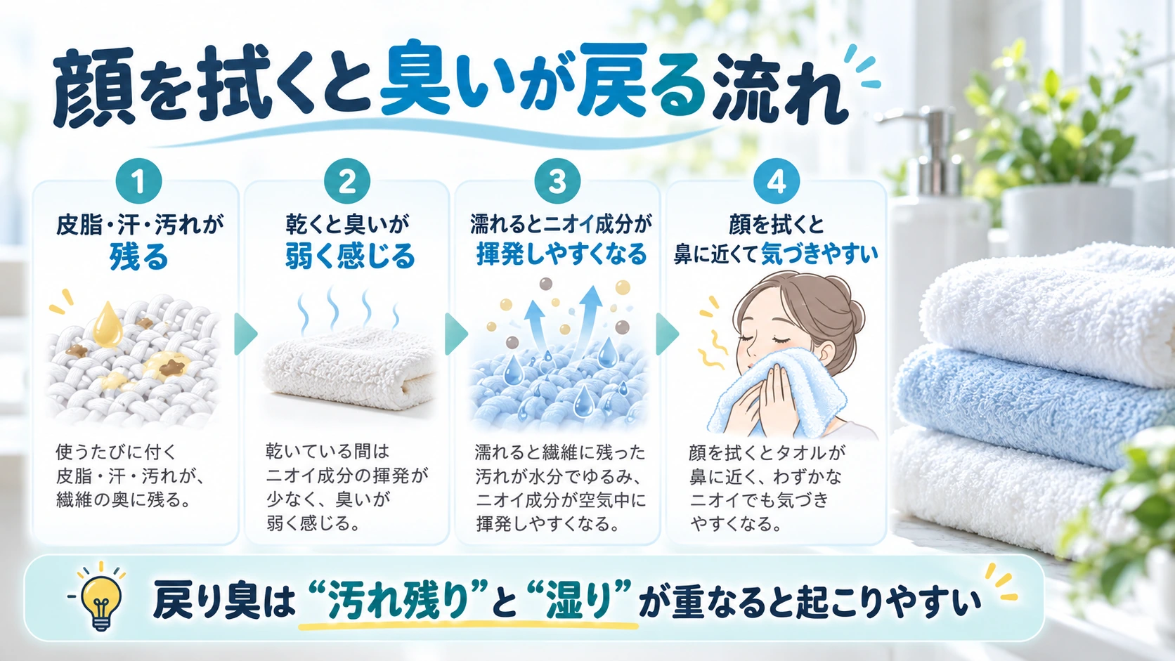 汚れが残り、ニオイの元が蓄積し、濡れたときに揮発して臭う流れを示す図解