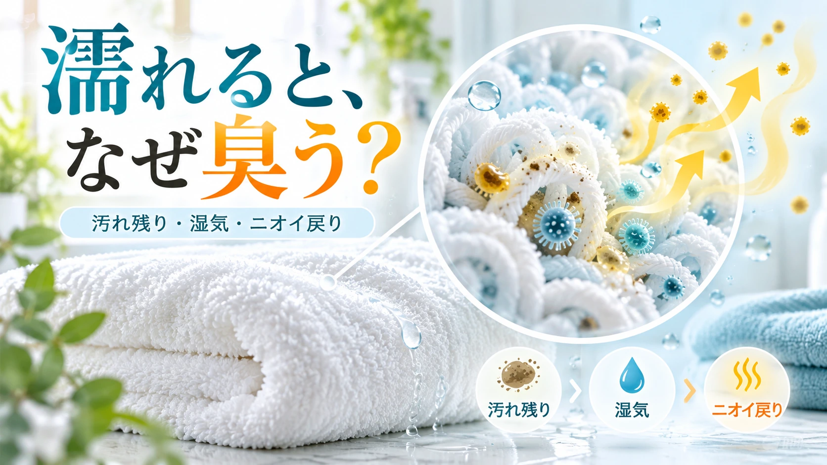 タオルの繊維に残る汚れや菌、湿気がニオイに関係することを示した図