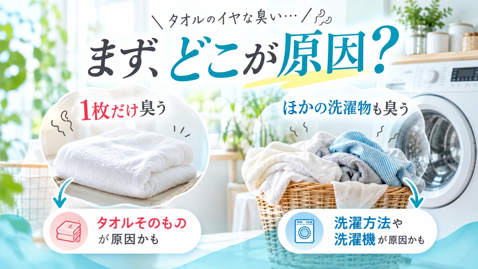 タオルのニオイが特定の一枚だけか他の衣類も含むかを確認するイメージ