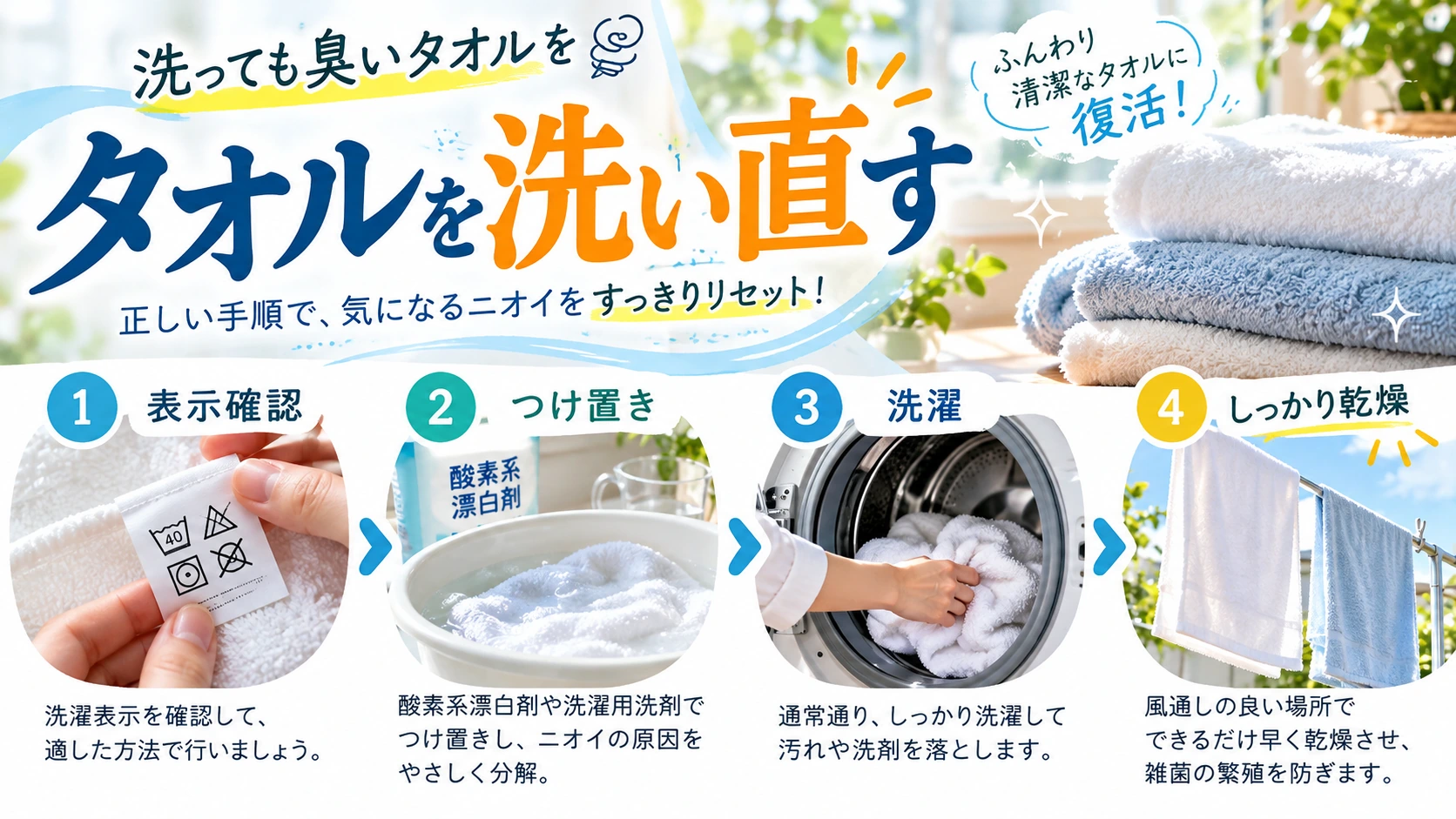 臭いタオルを洗濯表示確認からつけ置き、乾燥まで洗い直す方法を表す画像