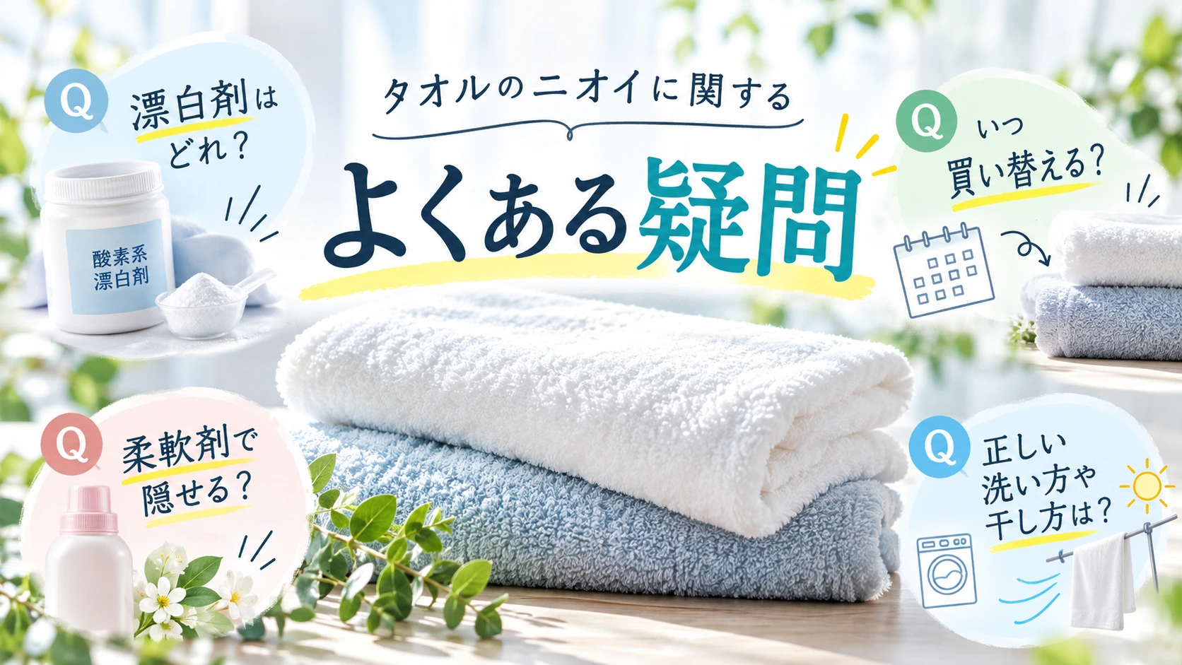 タオルの漂白剤の選び方や買い替えなどの質問を示す画像