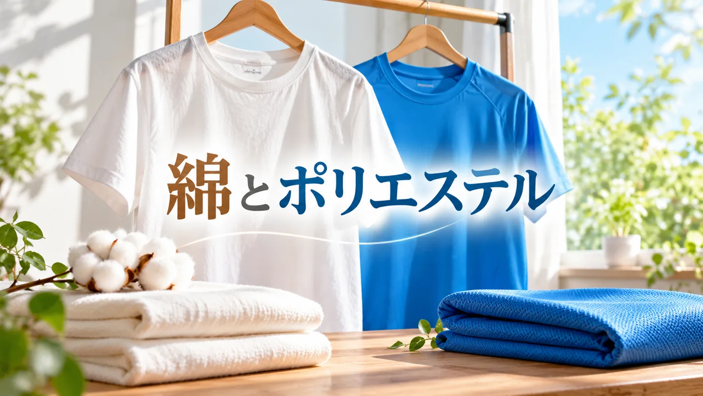 白い綿のTシャツと青いポリエステルTシャツを並べた素材比較イメージ