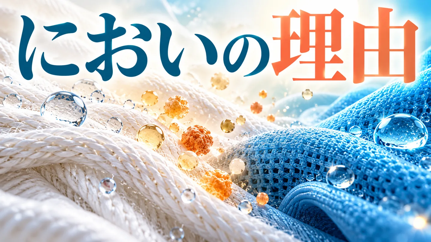 白と青の布の上に水滴と皮脂を表す粒子を描いたにおいの仕組みのイメージ
